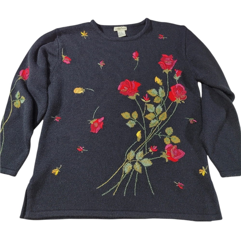 Vintage Cynthia Taylor floral embroidered sweater. Sz Sm SW 23